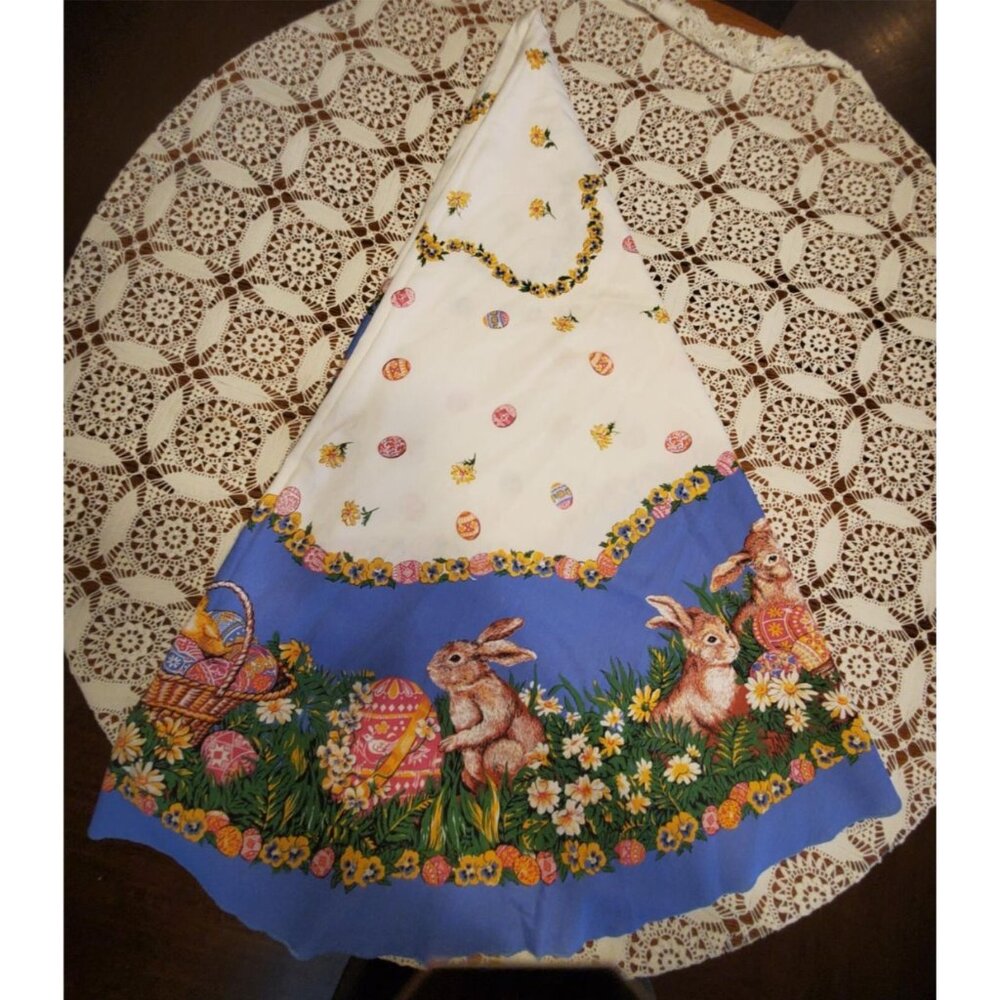 Wilton Court 60" round tablecloth Easter Bunny Bunnies blue eggs holiday cotton